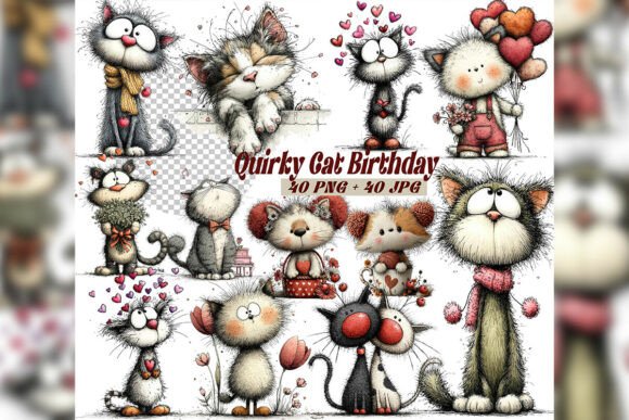Download Whimsical Cat Birthday Clipart Set - Cat Collection