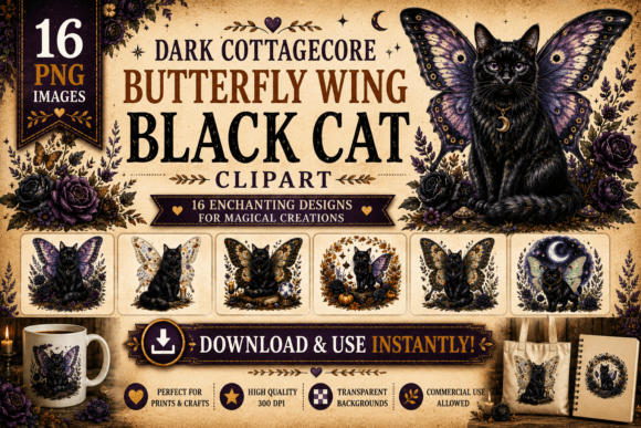 Download Dark Cottagecore Wing Black Cat Clipart - Cat Collection